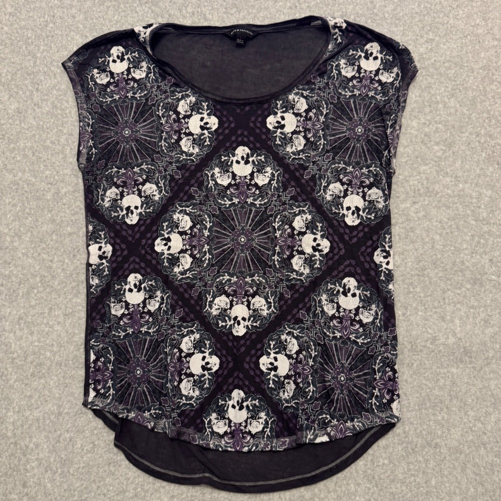 Rock‎ & Republic Womens Skull Fleur De Lis Burnout Top Black Goth Large Y2K